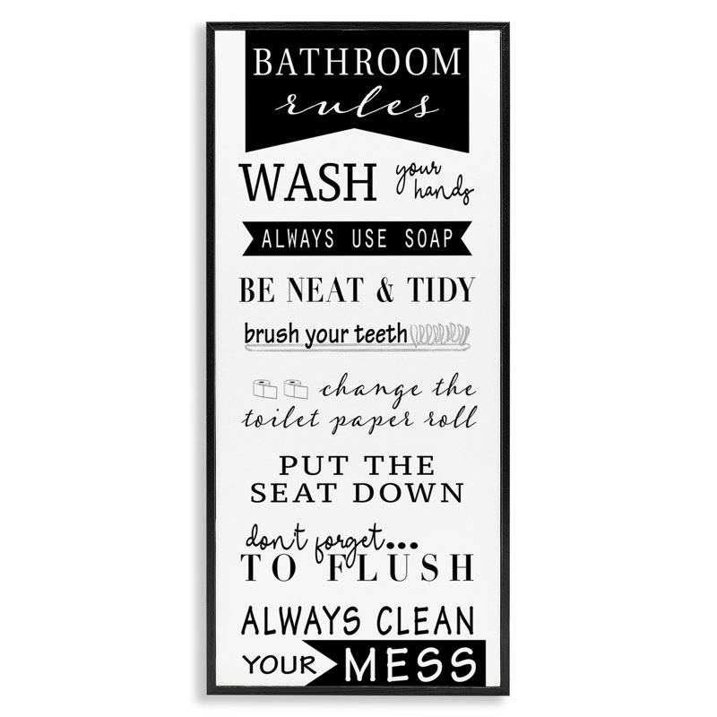 «Black Bathroom Rules», estampe numérique par Anna Quach, Giclée encadrée noir minuit, H 30 po x l 13 po