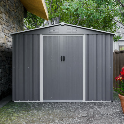 Remise pour outils 8 x 6 pi avec fondation en métal et portes verrouillables, remise en métal toutes saisons pour le jardin, le patio, la cour, la pelouse