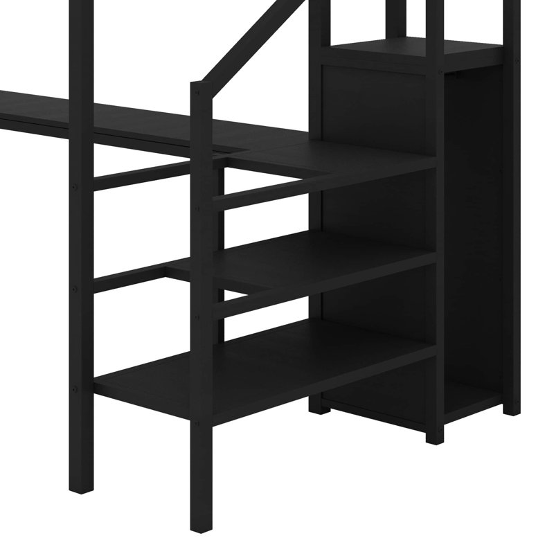 Lit mezzanine double avec poste de travail intégré, escalier de rangement, lumières DEL et garde-robe compacte