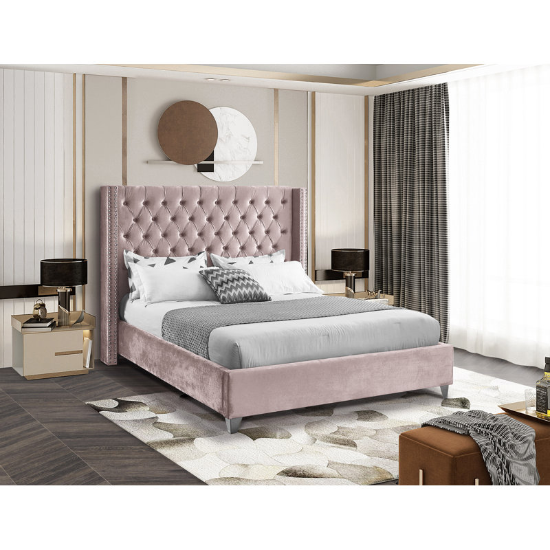 Joclynn Upholstered Bed, King, Pink Velvet, Chrome