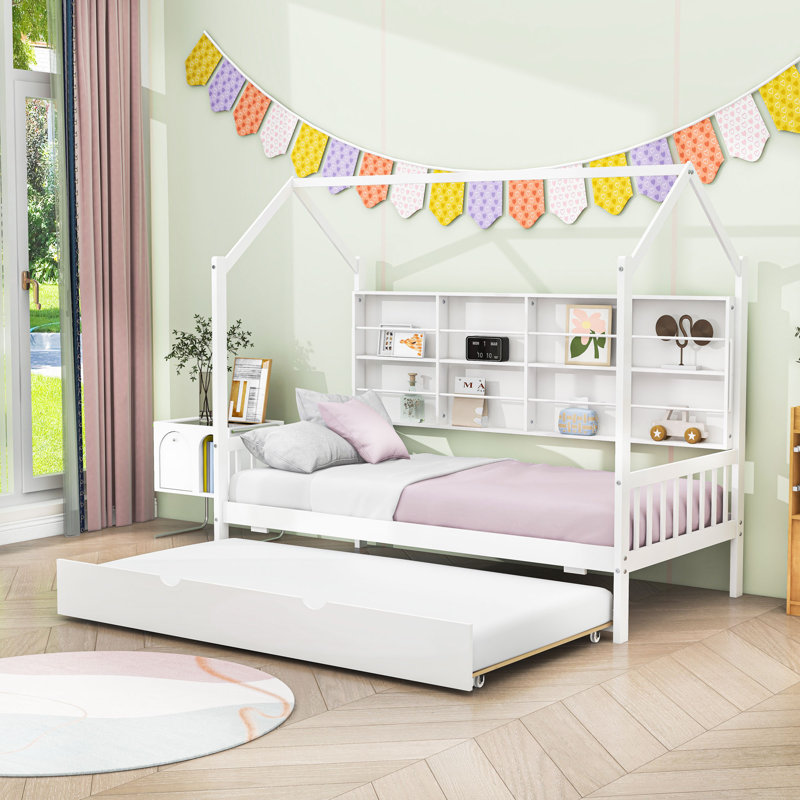 Lit plateforme en bois avec lit gigogne et tablettes, Blanc, Simple