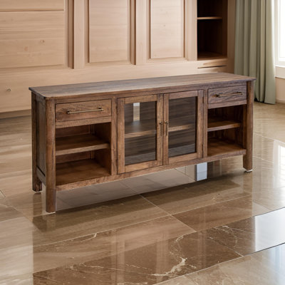 Console média 70 pouces Olum, portes en verre, tablettes, bois massif brun