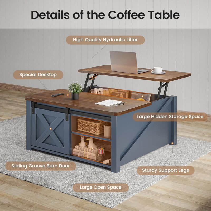 Lift Top Coffee Table With Storage, Square Farmhouse Coffee Table For Living Room, Large Hidden Storage Compartment With Adjustable Shelves, Sturdy And Durable Design