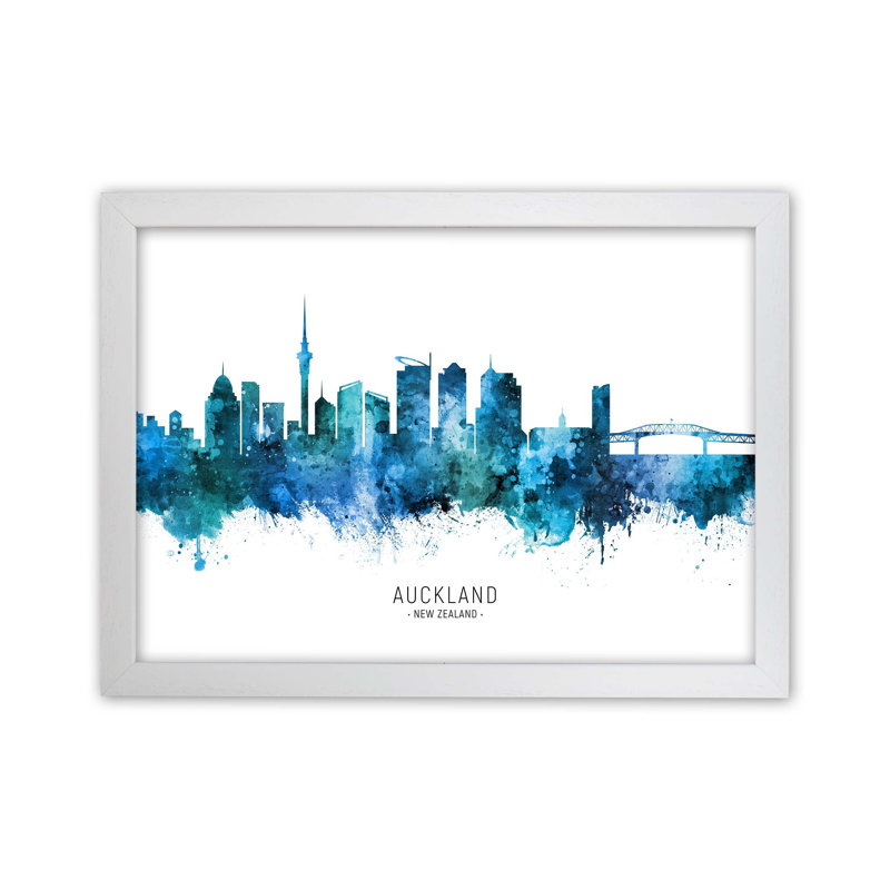 Auckland New Zealand Skyline Blue City Name by Michael Tompsett - Print, White Framed, 46cm H x 63cm W x 3cm D