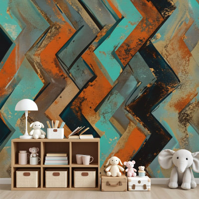 Papier peint adhésif à motif géométrique abstrait zigzag turquoise, brun et orange, coups de pinceau, H 69 po x l 96 po, papier peint amovible en PVC, adhésif pour chambre à coucher, bureau à domicile