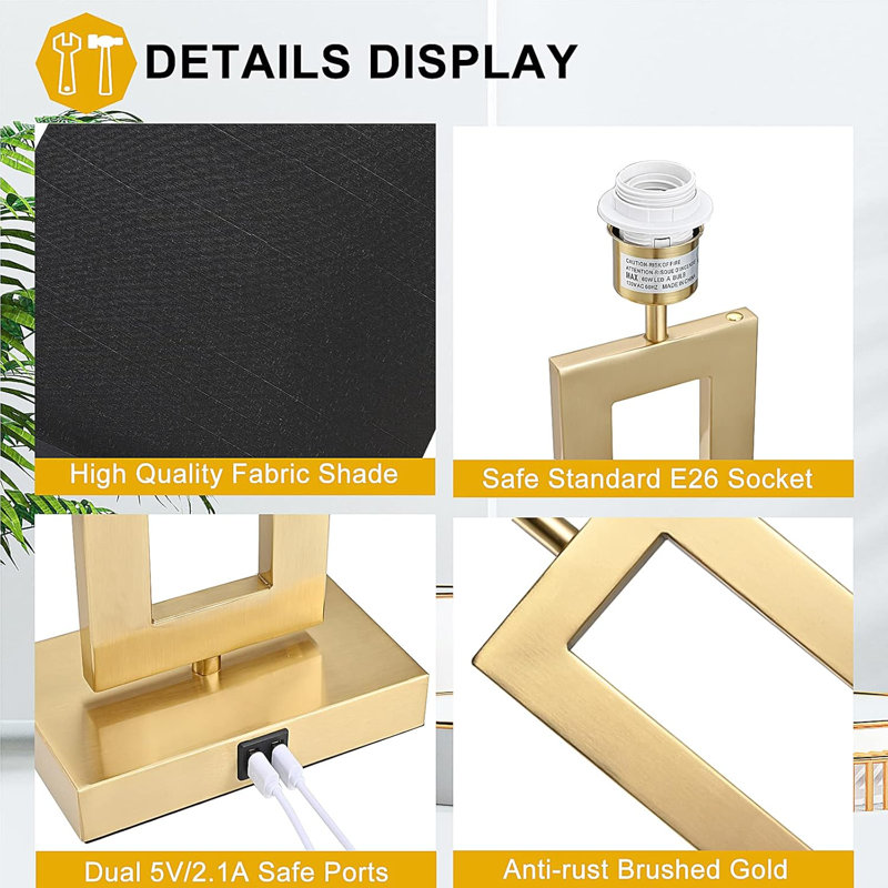 22'' Gold and Black Touch Control Table Lamps Set with USB Ports