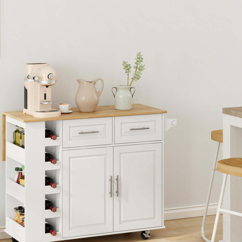 Chariot multifonctionnel pour îlot de cuisine avec armoire à 2 portes et 2 tiroirs, support à épices, porte-serviettes, support à vin et plateau de table en bois d'hévéa pliable (blanc)
