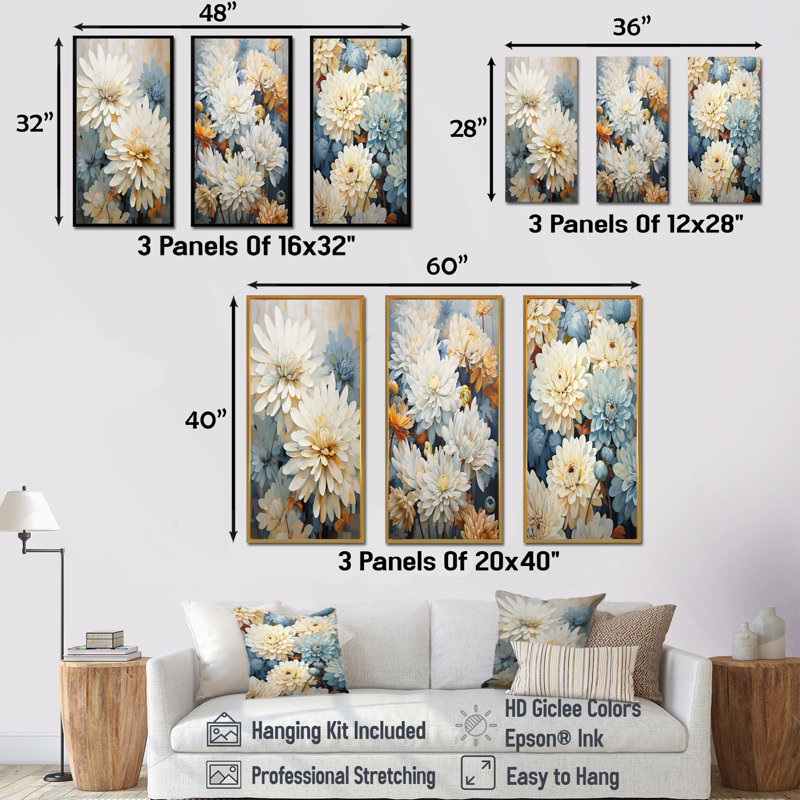 "Mums", peinture beige et blanche - ensemble de 3 reproductions d'art sur toile, Cadre flottant noir, H 32 po x l 48 po