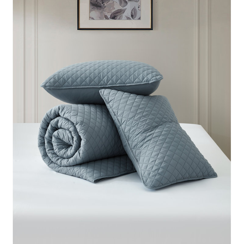 Teo Diamond Stitch Microfiber Quilt Set, Queen Quilt + 2 Standard Shams, Dusty Blue