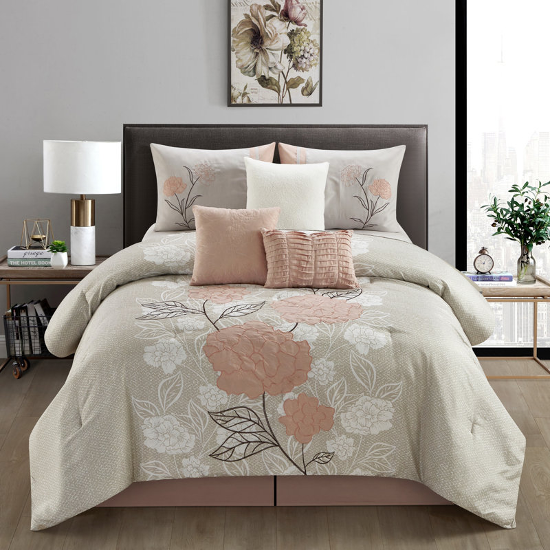 Camellia Microfiber 7 Piece Comforter Set, California King Comforter + 6 Additional Pieces