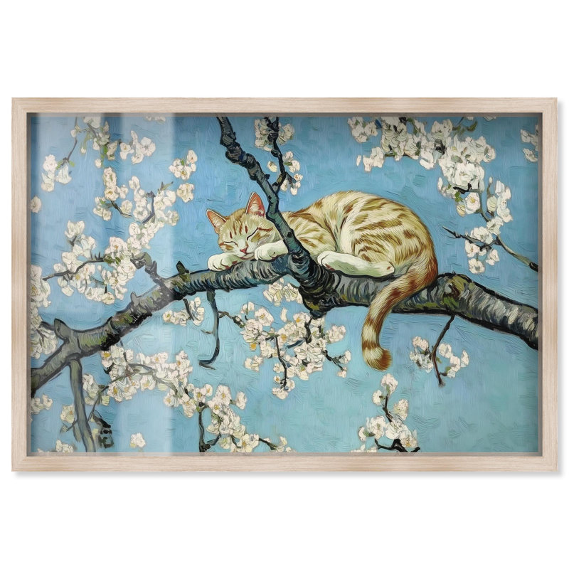 «Autumn Blossom Kitten Shadowbox», reproduction d'art moderne par Art Remedy, H 31 po x l 46 po, Crème, crème