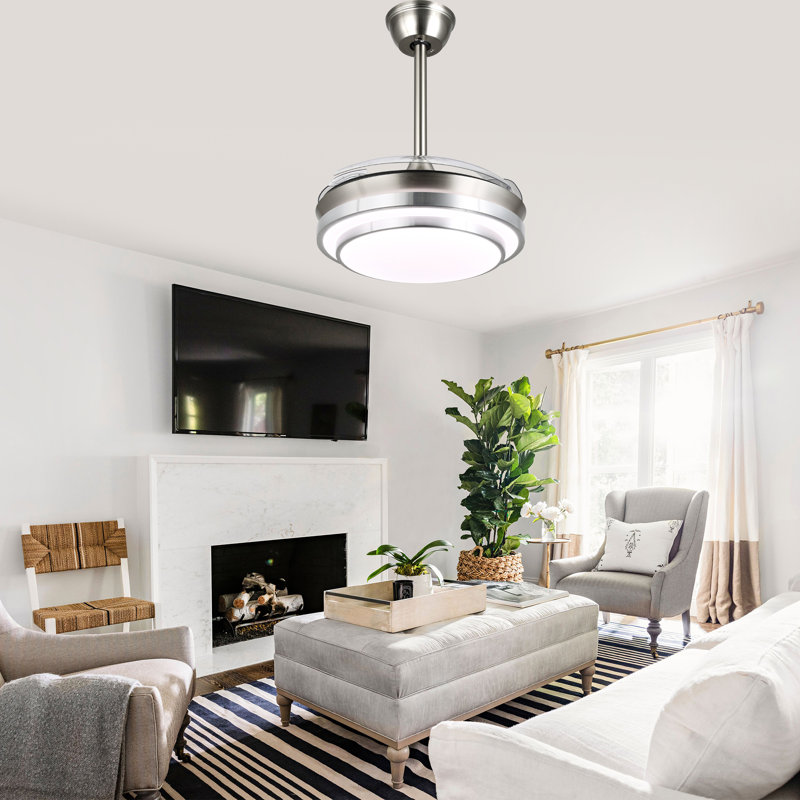 36 Inch Retractable Ceiling Fan With Lights, Modern 6 Speeds Silent DC Motor Fandelier Ceiling Fan For Bedroom, Clear, Chrome