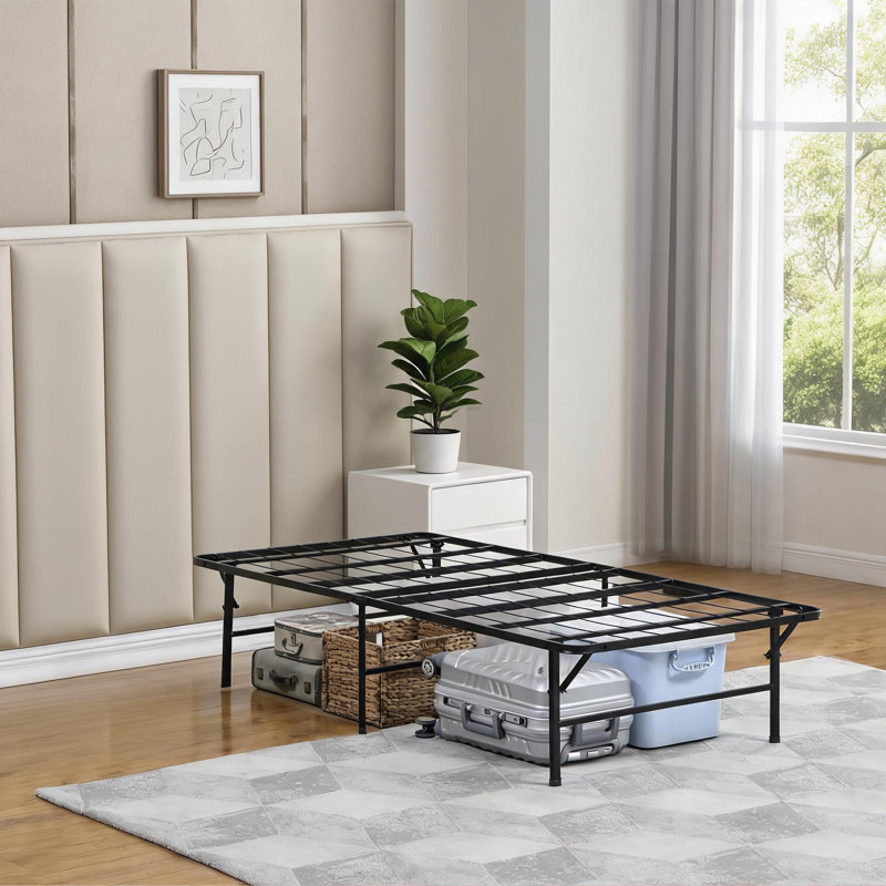 Lit plateforme robuste en acier épais, lit simple pliable, sans sommier tapissier, noir mat