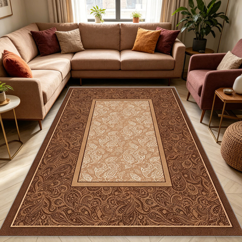 Brown Paisley Border carpet-easy to clean, machine-washable, soft and comfortable; suitable for door mats, kitchens, living rooms, bedrooms, corridors, and laundry areas. Easy to clean, durable carpet for home decoration.