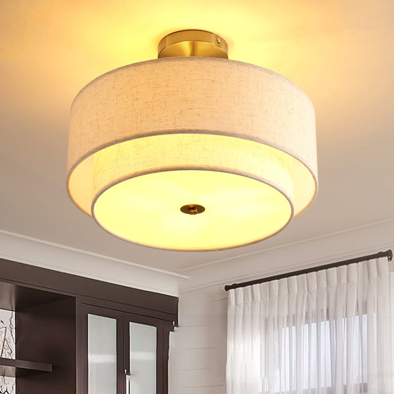 3-light Boho Linen Drum Semi Flush Mount Ceiling Light Perfect For Living Room Bedroom Dining Room Hallway, Gold