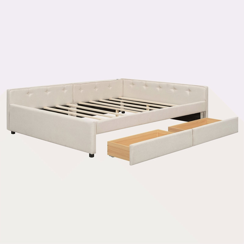 Grand lit plateforme tapissier avec port USB et 2 tiroirs