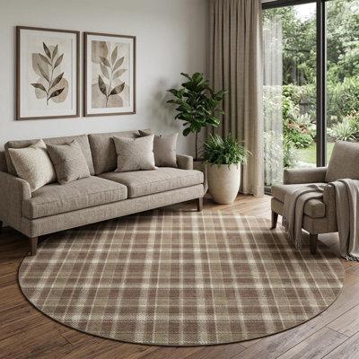 Tapis rond lavable écossais chocolat et ivoire 8 pi avec protection UV