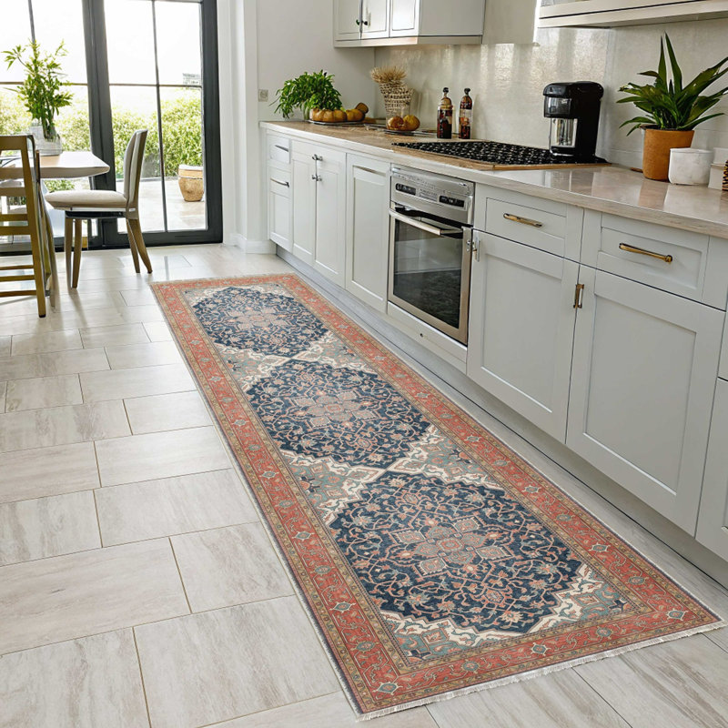 Orange Navy Boho Vintage Cotton Chenille Kilim Non-Slip Cotton Base Kilim, Rectangle 2 pi 8 po x 5 pi