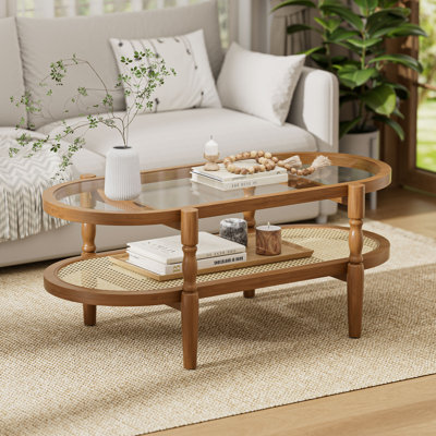 Glass Top Coffee Table with Rattan Shelf