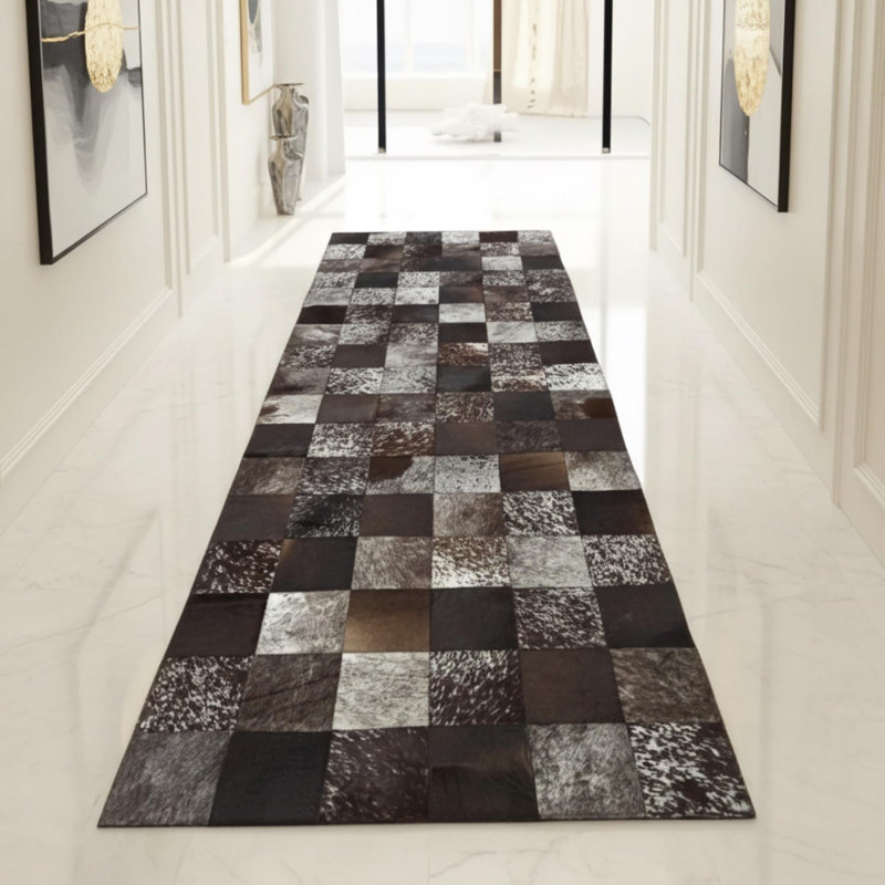 Tapis en cuir de vache brun foncé et cuir de couloir, Tapis de couloir 2 pi x 7 pi 6 po