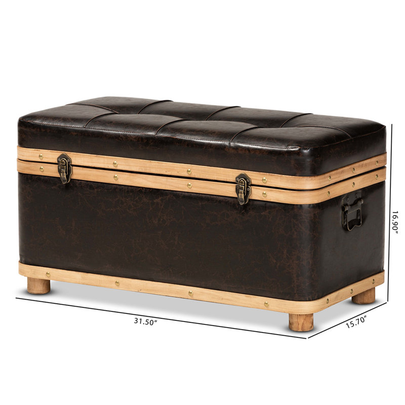 Dark Brown Faux Leather Tufted Storage Footstool with Oak Wood Bands