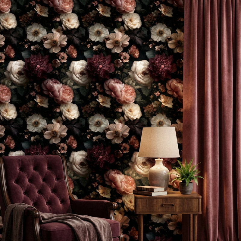 Papier peint floral foncé foncé, Peler et coller