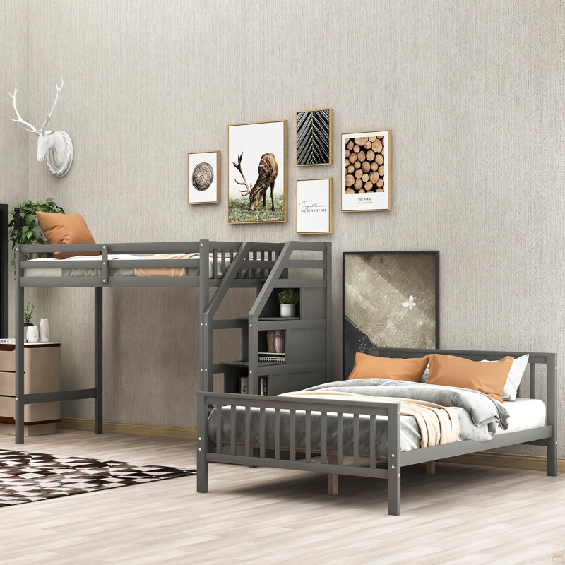 Twin Over Full Loft Bed With Staircase, Gray