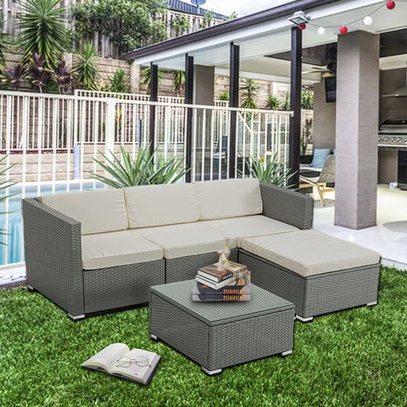 Rattan Garden Sofa Set With Glass Top Coffee Table, Cream, Grey Rupert