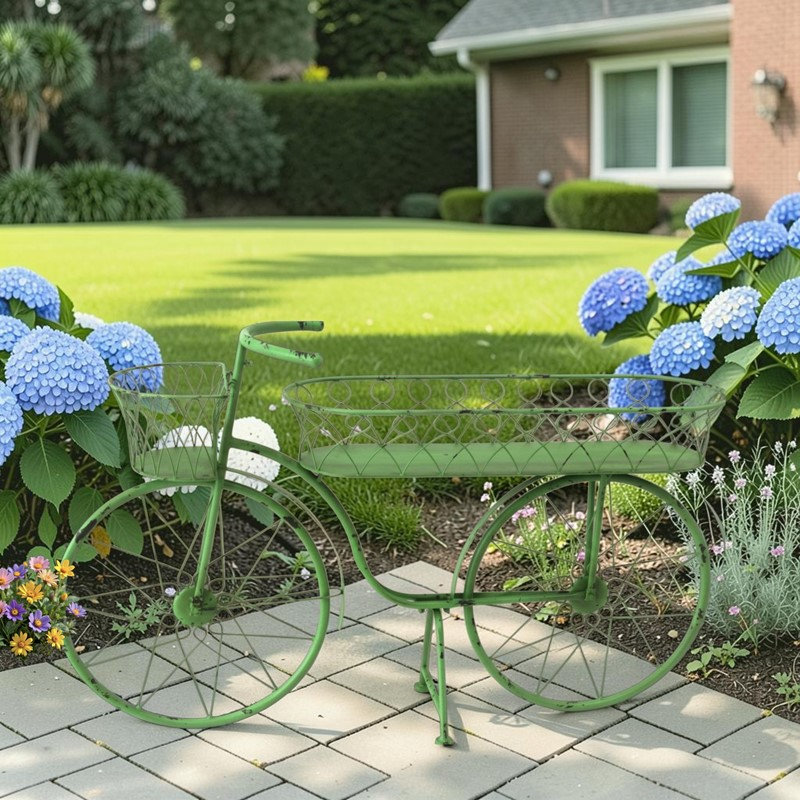 Jardinière en métal en forme de vélo de 125 cm de long avec deux paniers à fleurs vertes