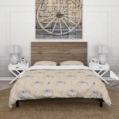 Blossoming Pink Boho Roses With Blue Feathers - Bohemian Duvet Cover Set - Microfiber Polyester
