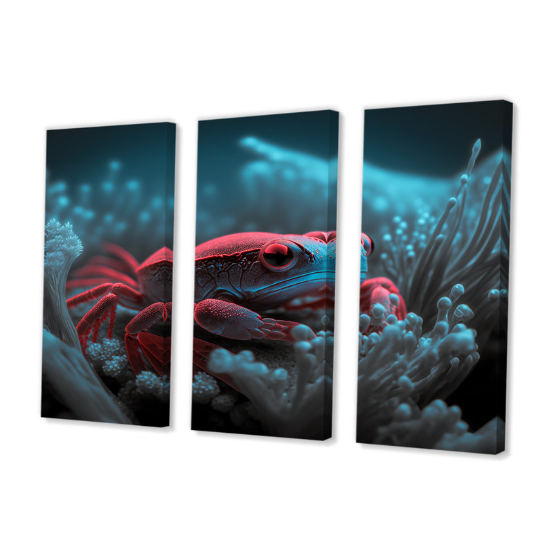 Crabe rouge dans des tons de noir et de bleu III - 3 pièces sur toile, H 28 po x l 36 po x P 1 po, Toile tendue
