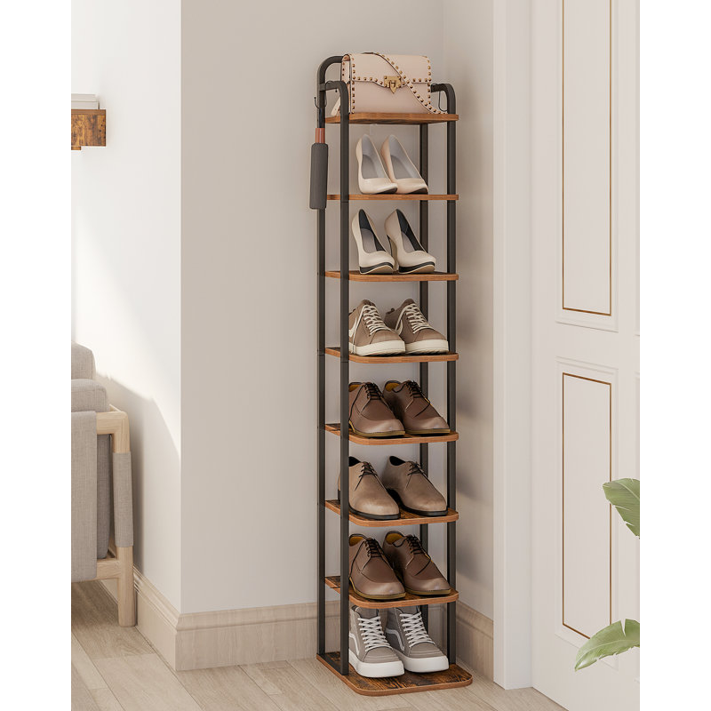 Vertical Shoe Rack, Shoe Shelves, Wood Shoe Organizer for Entryway, Shoe Tower for Small Spaces, Free Standing, Adjustable, with 2 Hooks
