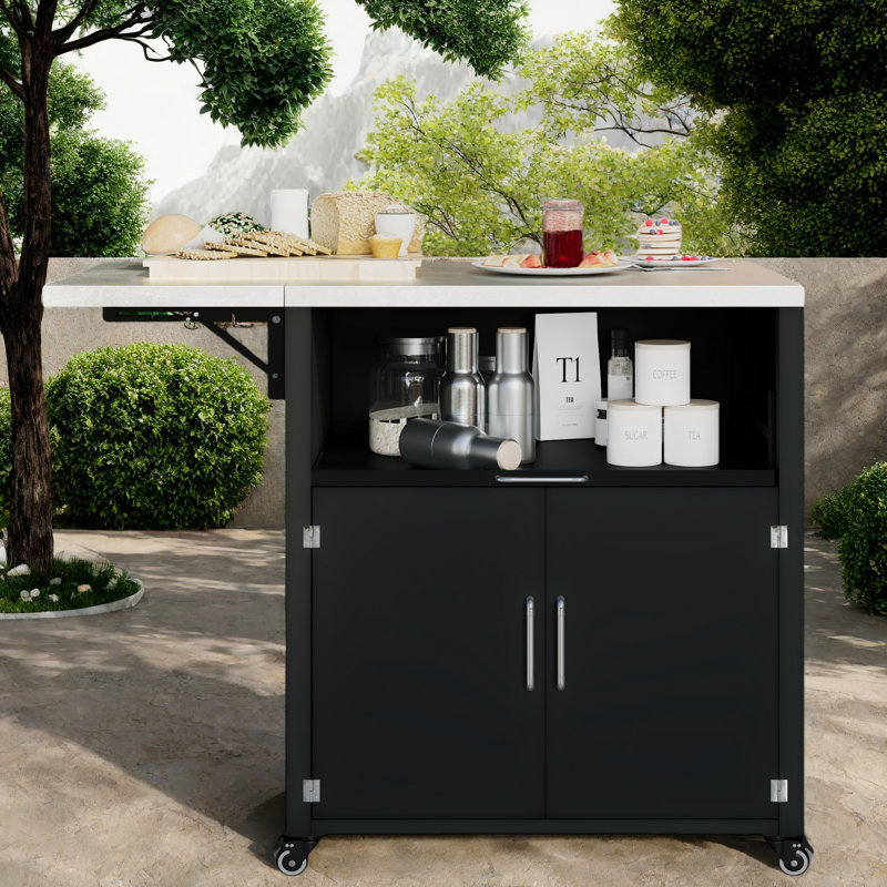 Versatile Outdoor Kitchen Island With Folding & Expandable Work Surfaces, A Spacious Storage Drawer, Cabinet And Lockable Wheels
