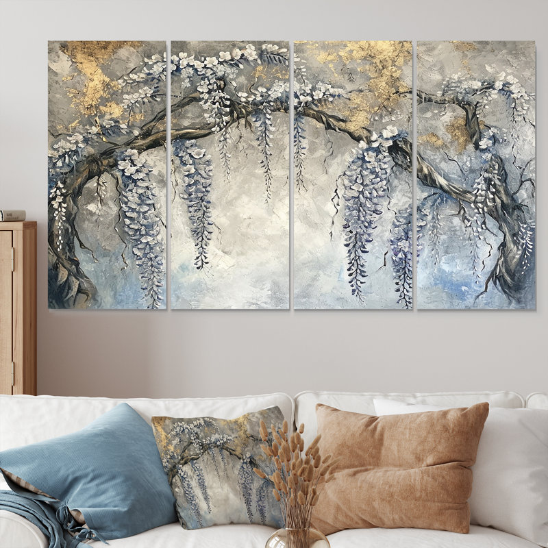 Ensemble de 4 décorations murales argentées argentées Wisteria, H 32 po x l 64 po