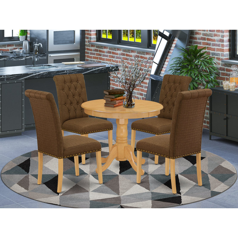 5 Piece Dining Table Set for 4 Includes a Round Dining Room Table with Pedestal and 4 Brown Linen Fabric Upholstered Chairs, Oak