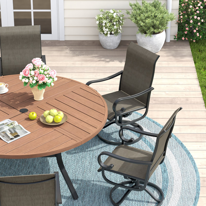 6-Person Round Patio Dining Set With 360° Swivel Textilene Rocking Chairs, Brush Wood Brown/Black/Brown