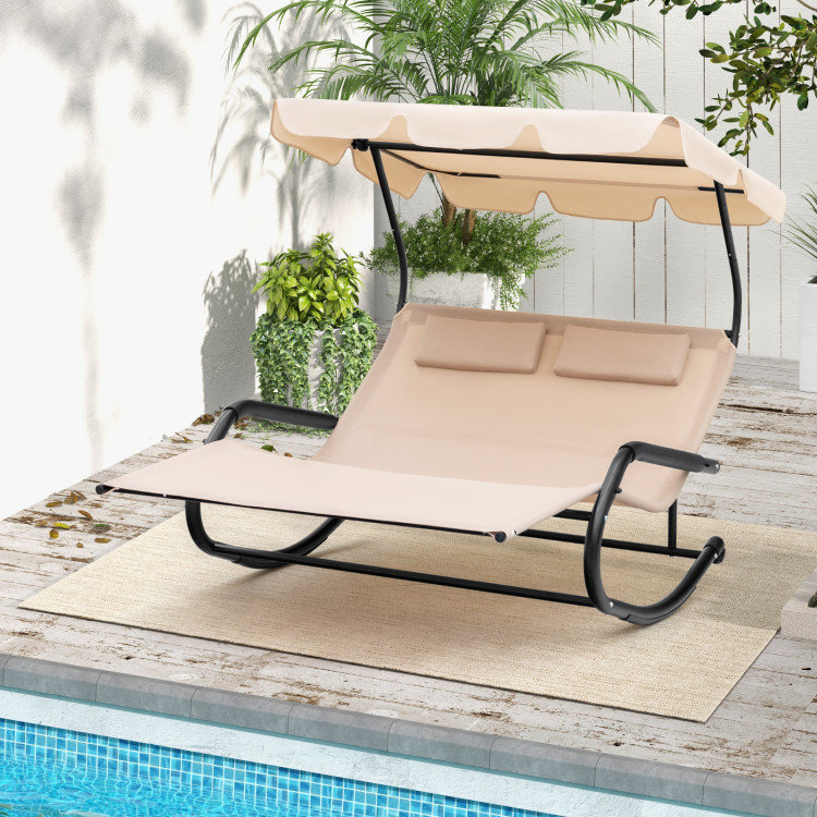 Beige Metal Outdoor Rocking Chaise Lounge with Adjustable Canopy