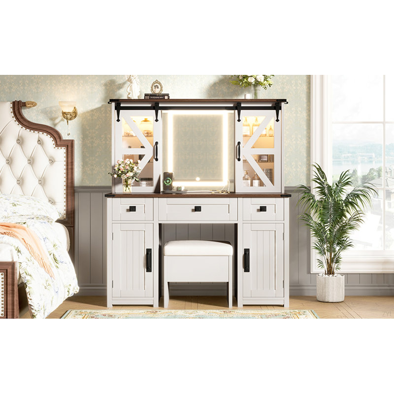 43.3" Farmhouse Makeup Vanity Desk With Lighted Mirror, Vanity Table Set With Storage Stool And Charging Station, Dressing Table With Sliding Barn Door Hidden Shelves & 3 Drawers & 4 Cabinets, Beige