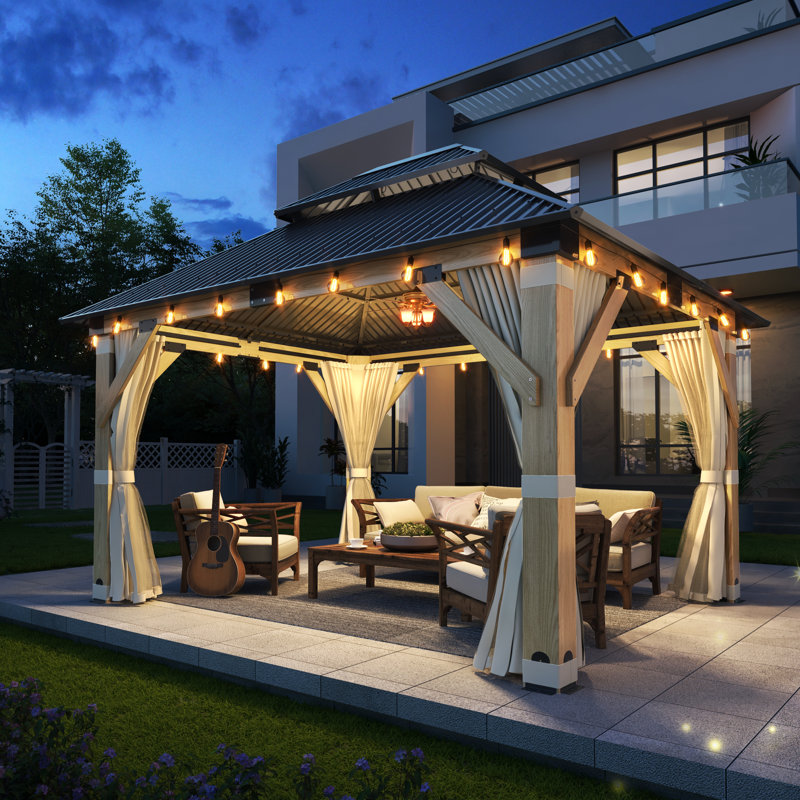 13 ft x 11 ft Outdoor Solid Wood Gazebo - Patio Galvanized Steel Hardtop Gazebo, 13 ft x 11 ft