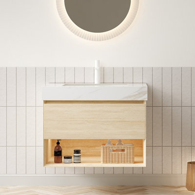 Meuble-lavabo de salle de bain, armoire de rangement flottante, tiroir et tablette, pré-assemblé
