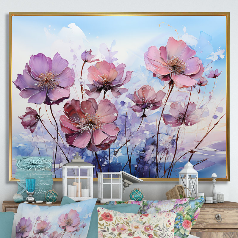 Collage moderne rose et mauve coquelicots, Cadre flottant doré, H 12 po x l 20 po x P 1 po
