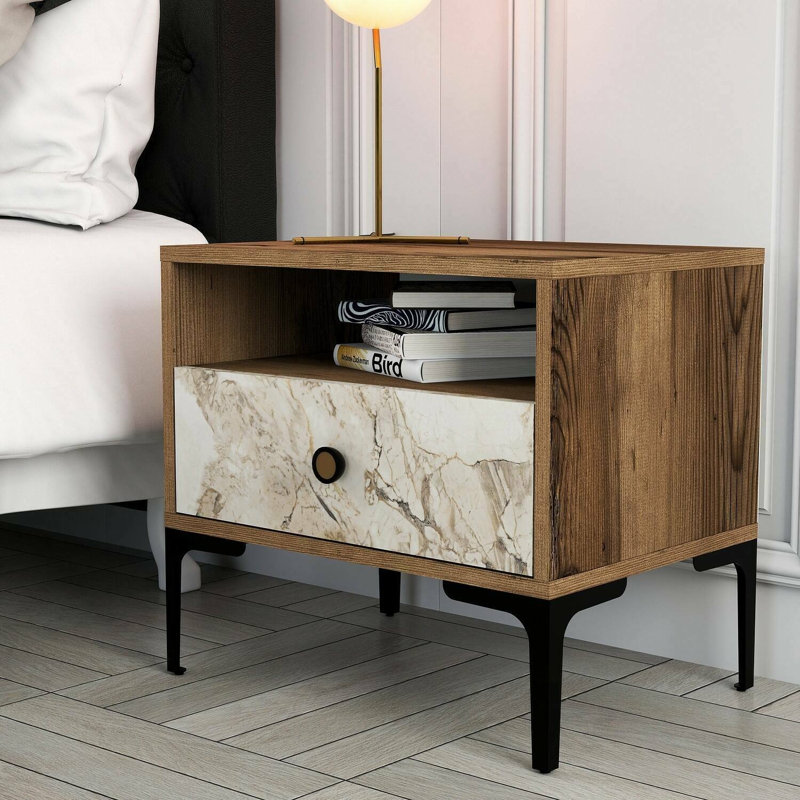 Aliyanah 56cm W Manufactured Wood Bedside Table, Walnut/White Marble