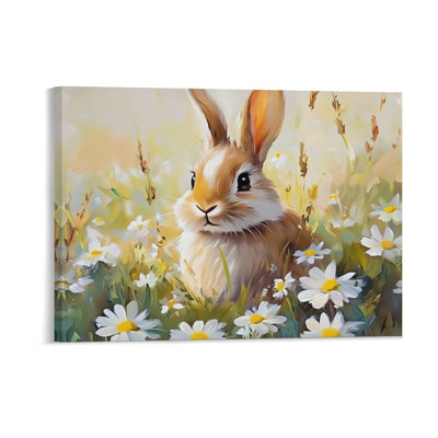 Daisy Meadow Bunny, cadre en bois à l'arrière, peinture murale pastorale, l 36 x L 24