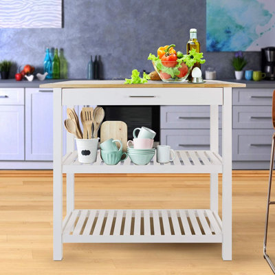 Kitchen Island With Solid Hardwood Top, Natural/White