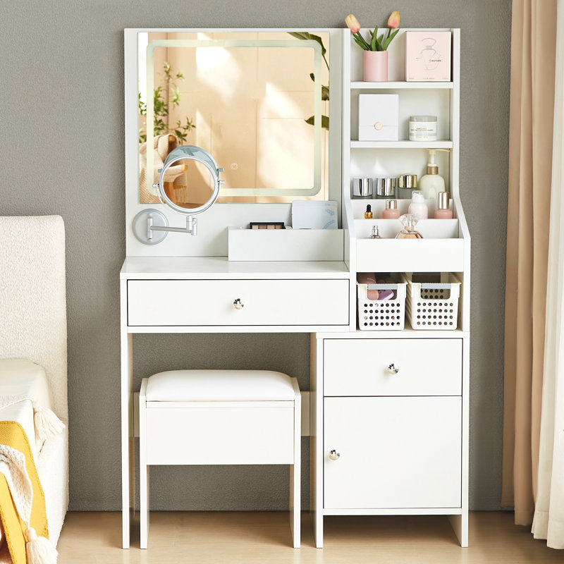 Demri Modern Dressing Table with Led Mirror, 2 Drawers and 6 Shelves
