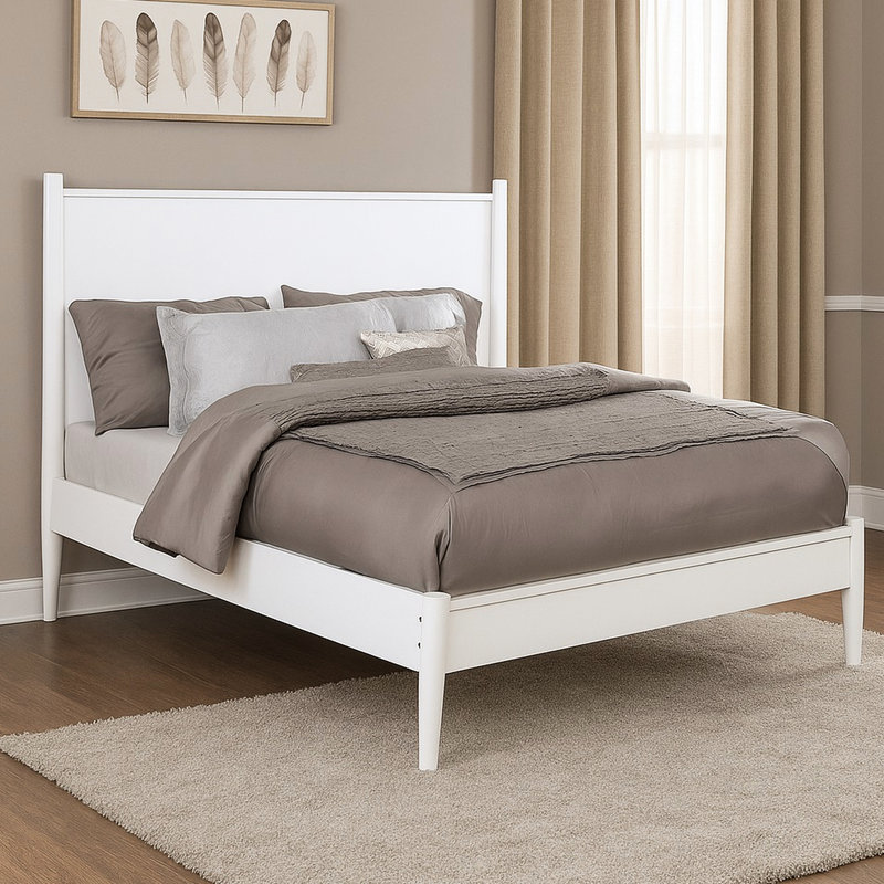 Lit plateforme blanc Mid-Century pleine grandeur, boiseries, pieds fuselés ronds, ensemble de lattes, aucun sommier tapissier requis pour la chambre à coucher en bois massif moderne +,
