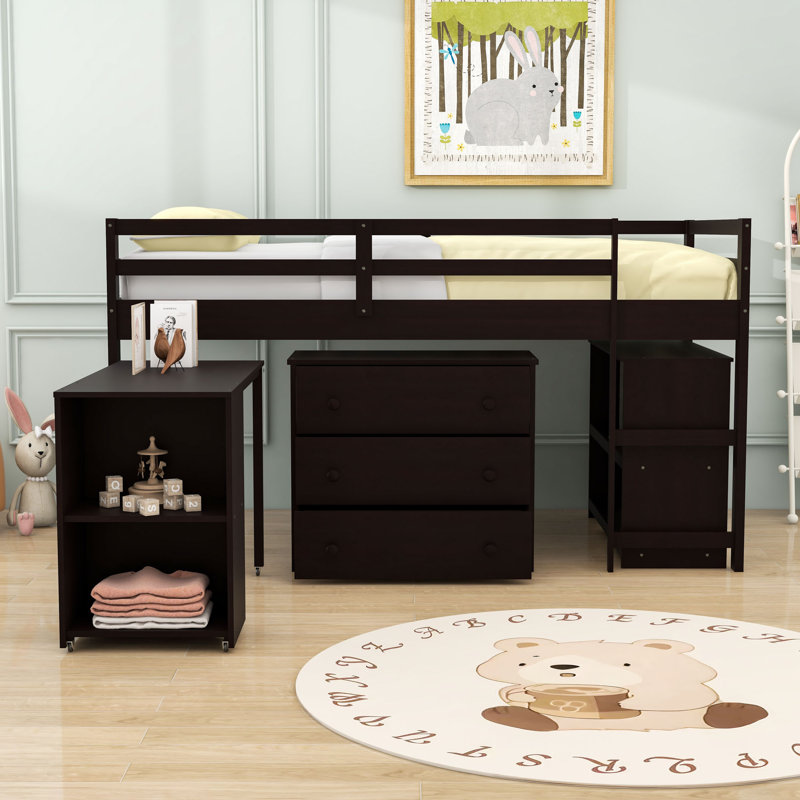 Lit mezzanine bas en bois avec 3 tiroirs Iago Kids, Espresso