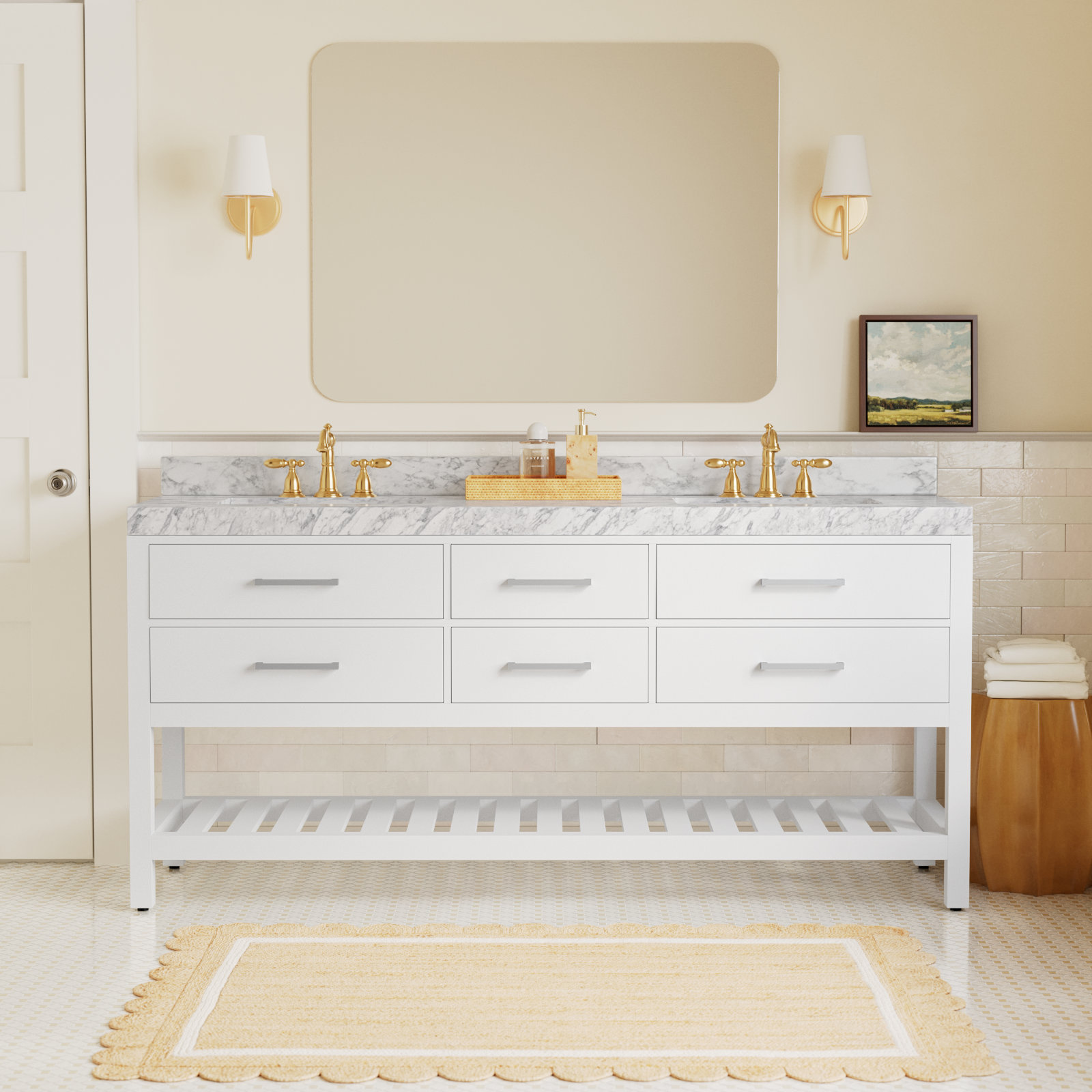Carrie 72'' Double Bathroom Vanity, White| Brushed Nickel