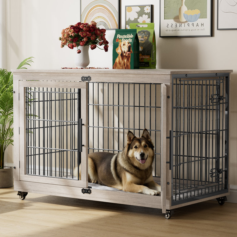 Dyako Dog Crate Furniture, Side End Table, Mordern Kennel, Wooden Heavy-duty Dog Cage, Dog House, Indoor End Table, Night Stand, w/Cushion and Wheels, Double-door, 3mm-5mm(dia) Iron Fence