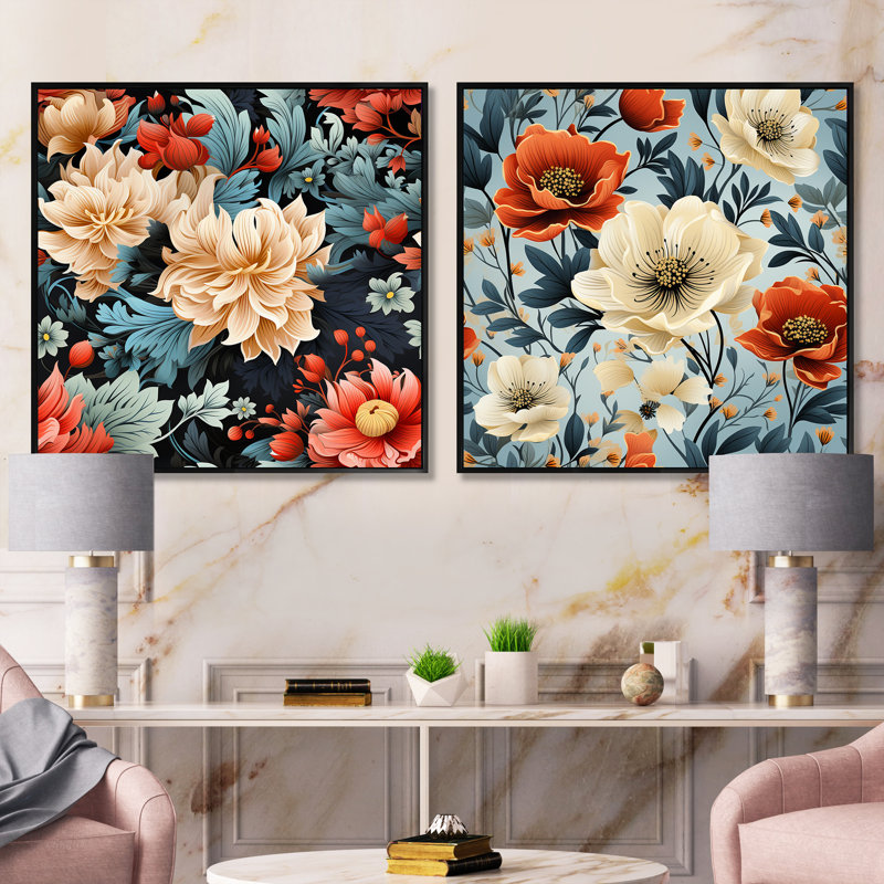 Johanson - Ensemble de 2 collages floraux carrés, Cadre flottant noir, H 16 po x l 33 po